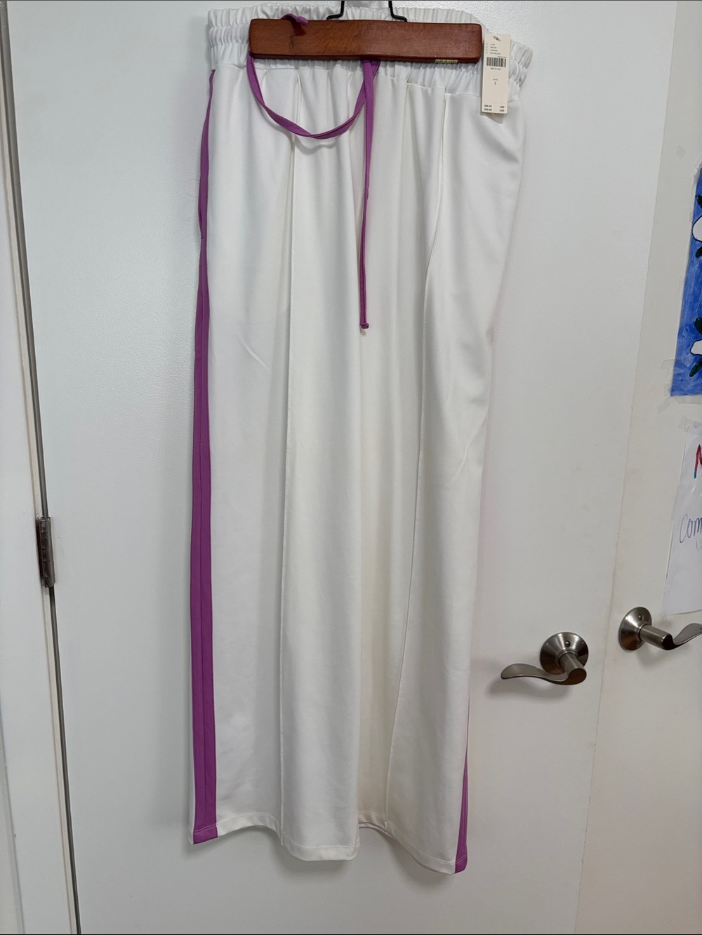 White Track Pants with Purple Side Stripe